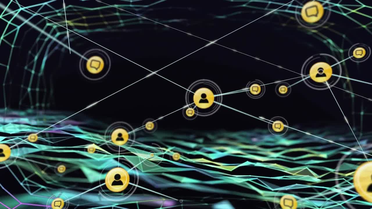 animación de una red en movimiento de personas conectadas e iconos de voz con formas verdes en negro