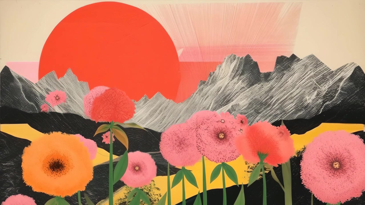 Stylized Illustration of Blooming Flowers Against a Mountain Landscape and Red Sun