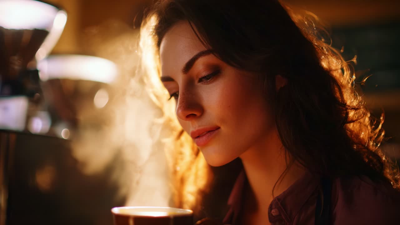 Mujer cautivadora disfrutando de una bebida caliente con vapor en un ambiente acogedor, que enfatiza la comodidad y la satisfacción en este momento sereno