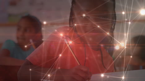 animación de niños en un aula sobre una red de puntos conectados en el fondo