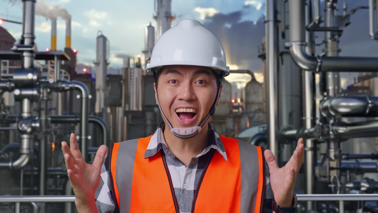 Excited Engineer in a Factory Setting