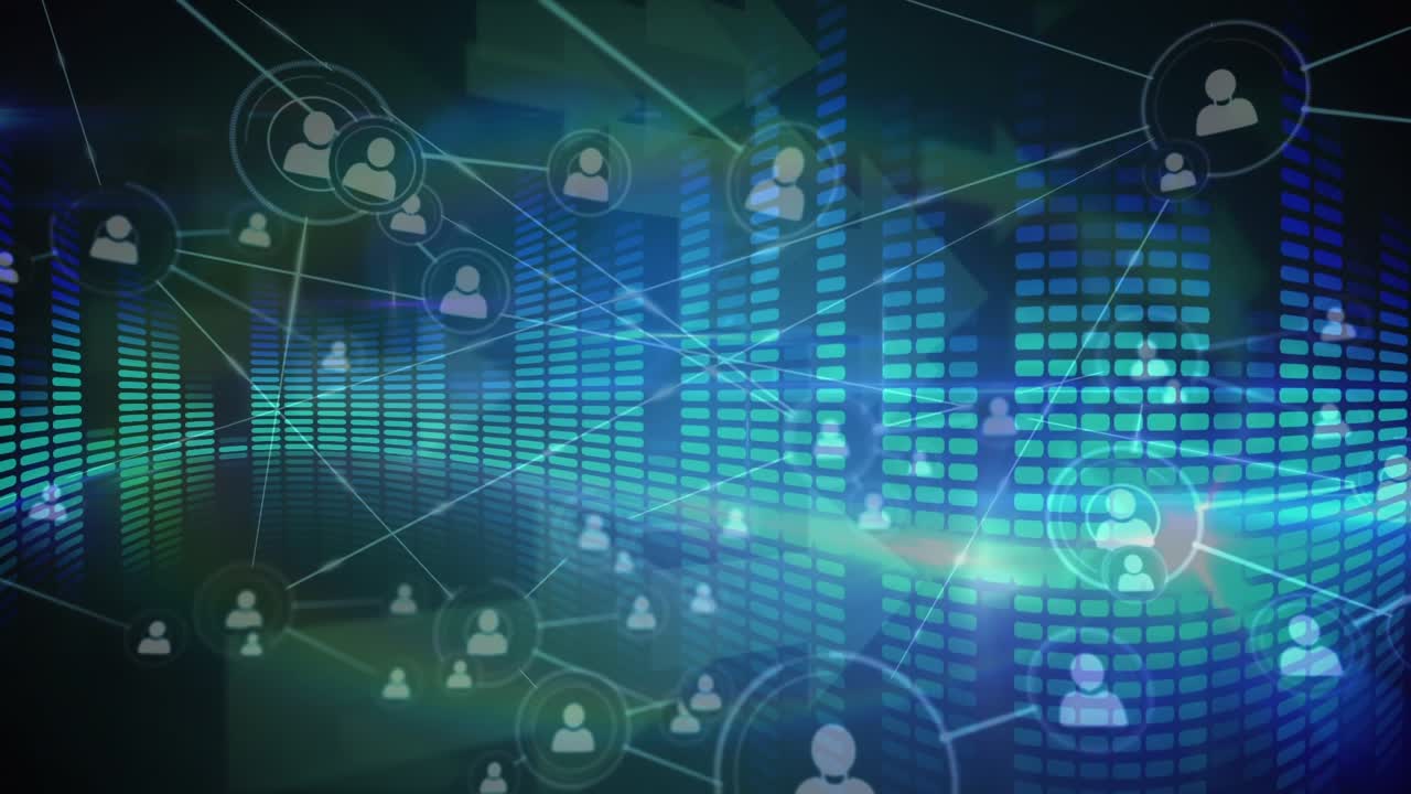 Animation of network of connections with icons over arrows