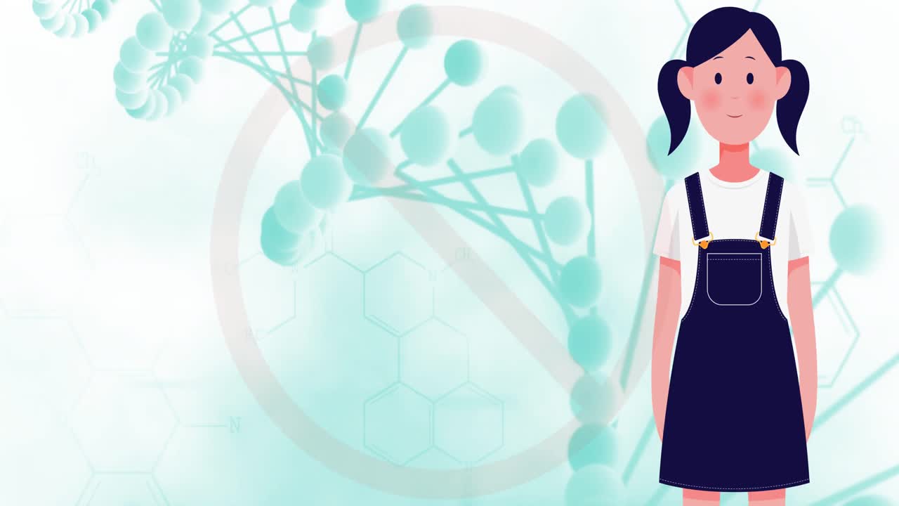 animación de un cartel de prohibición con una mujer sobre una hebra de adn