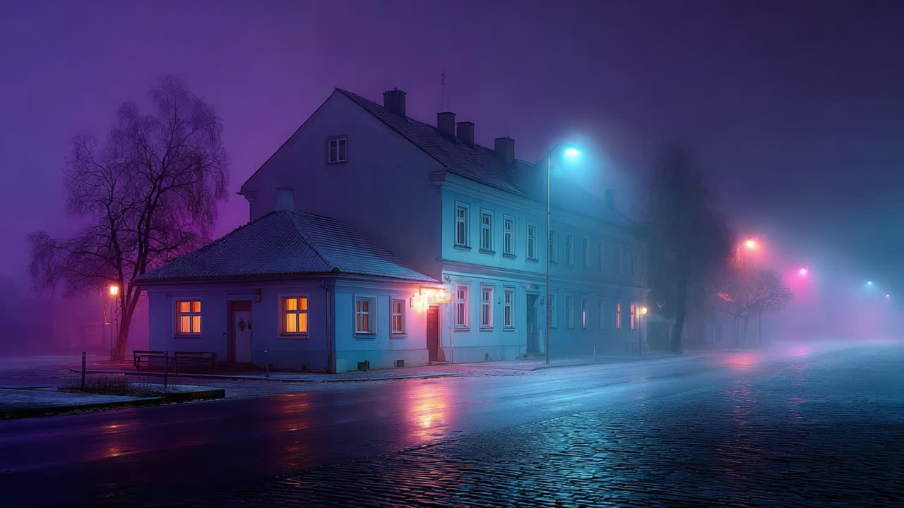 Una notte misteriosa nella nebbia: affascinante paesaggio urbano con luci al neon soffuse che illuminano la strada silenziosa e la nebbia enigmatica che circonda le case