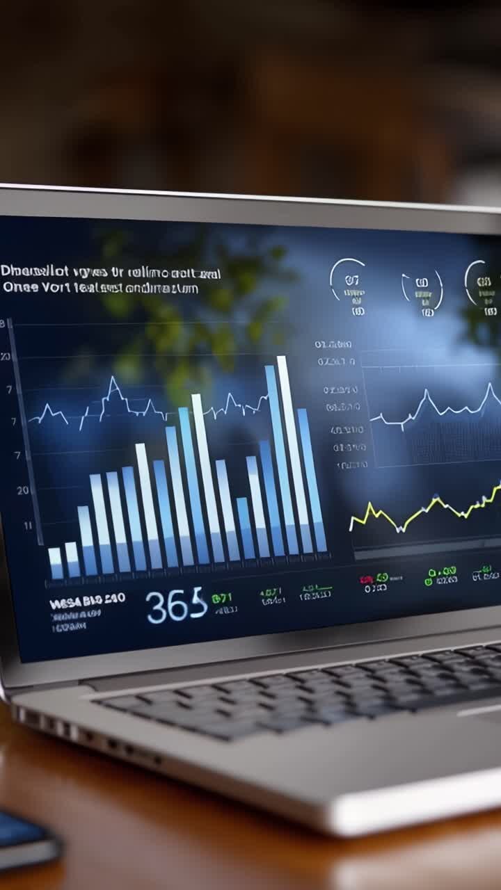 Analysedashbord: Komplekse datavisualiseringer med diagrammer og beregninger vist på en bærbar skjerm i et koselig miljø.