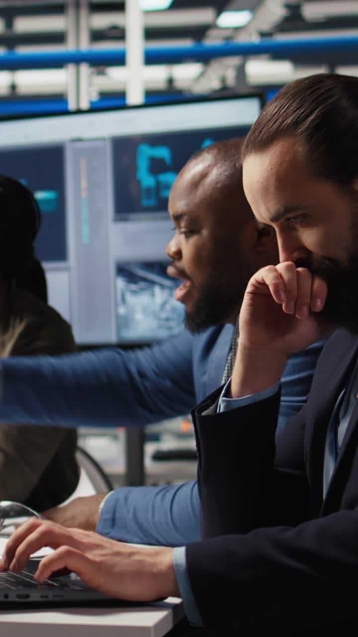 Vertical video Industrial plant manager typing on laptop, preparing paperwork