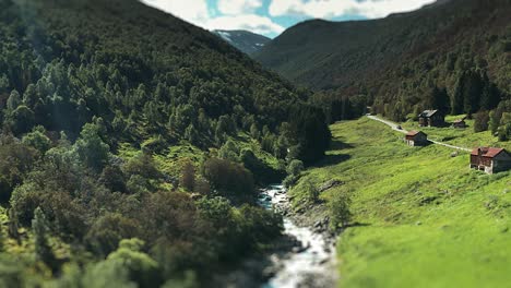 a river flows between forest-covered hills in the wide valley