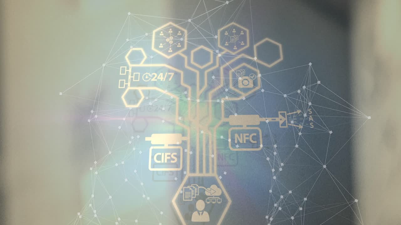 흐릿한 배경 위에 디지털 아이콘으로 연결 네트워크의 애니메이션