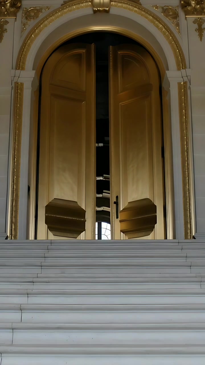 Vertical video: Gap forming at mid seam as gold doors parting atop marble stairs, dark handle seen