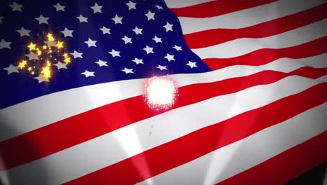 lights and fireworks exploding over waving american flag against black background