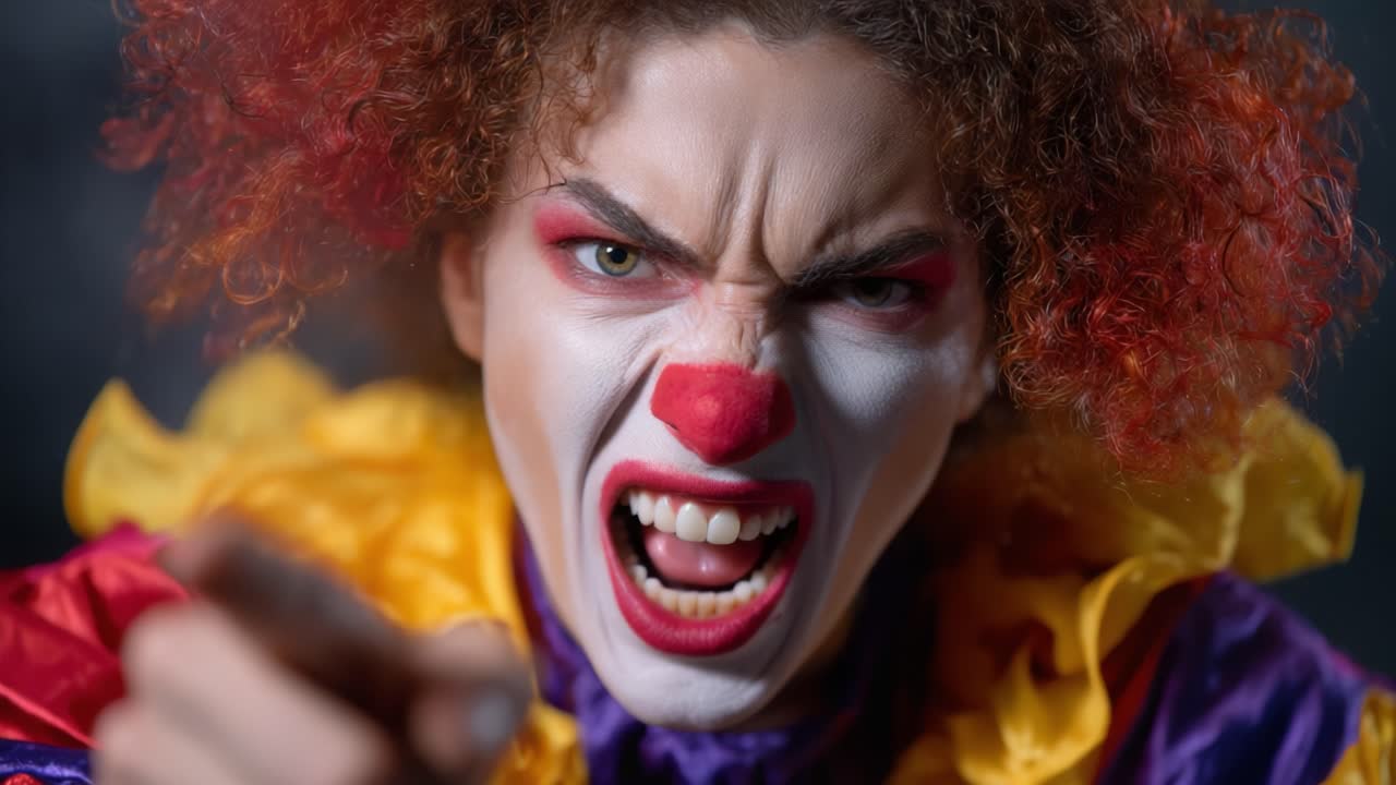 Angry clown confronts the camera with a fierce expression, showcasing vibrant makeup and an intense gaze that captures the viewer's attention immediately