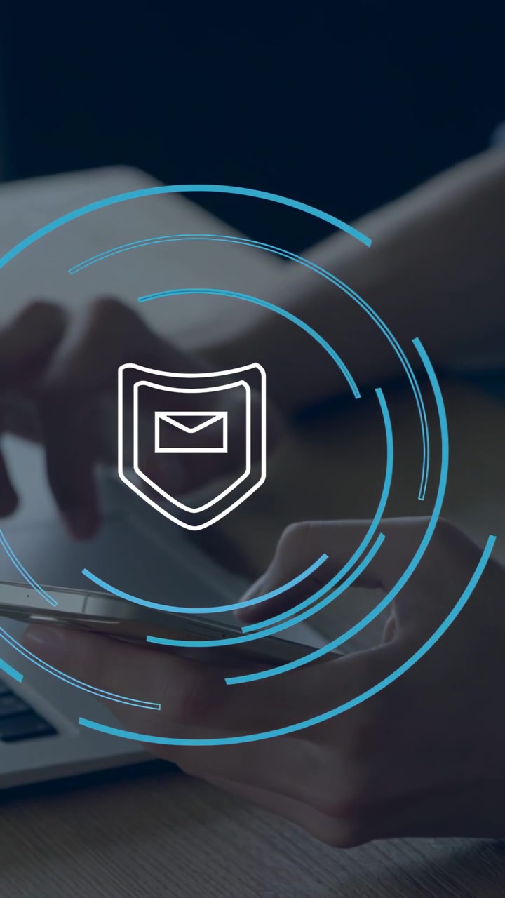 Vertical video: Male hands tapping phone starting HUD rotating arcs and shield-mail securing email