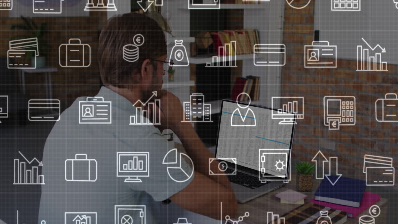 Using laptop, businessman analyzing financial animation icons in modern office