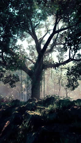 misty forest scene with large tree