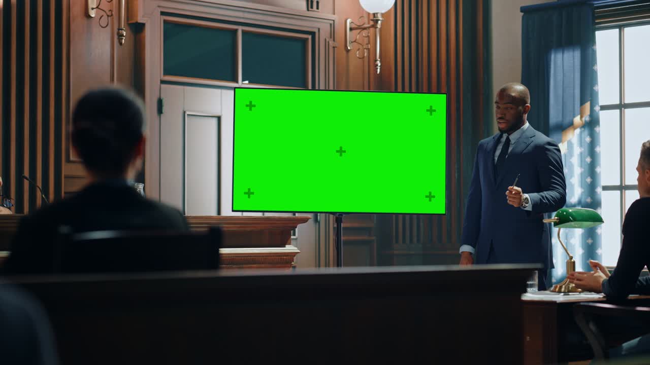 법정 재판: 카리스마 넘치는 남성 변호사가 녹색 스크린 tv 디스플레이에서 판사와 배심원에게 증거를 보여주는 초상화.