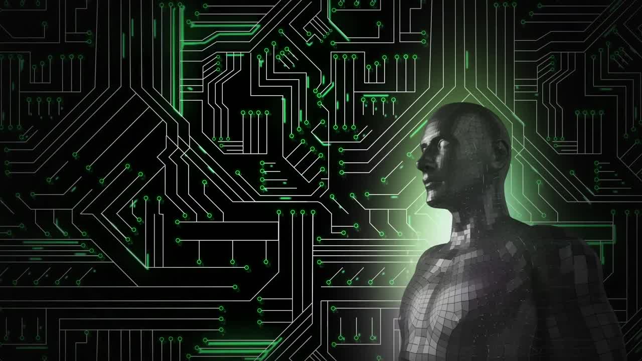 hombre androide y tablero de circuito verde brillante