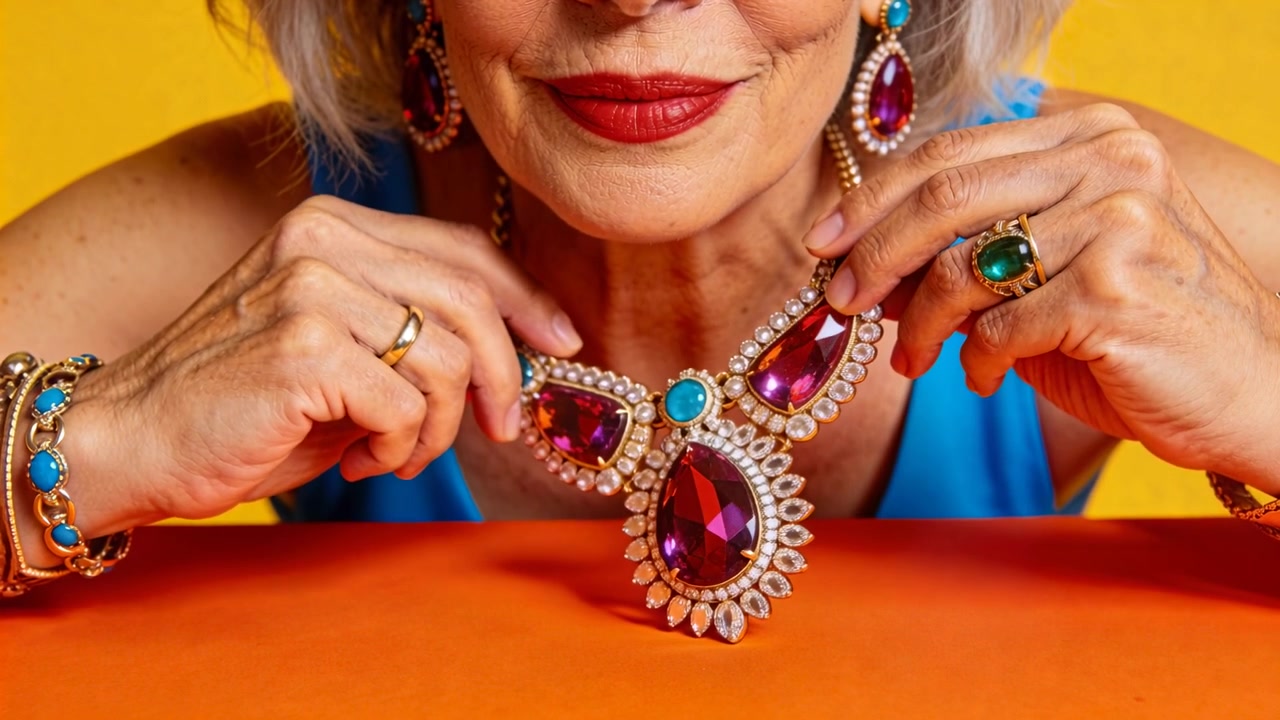 Donna che solleva un ciondolo al collo e allaccia la chiusura di una collana, seduta a un tavolo arancione con un top blu senza maniche.