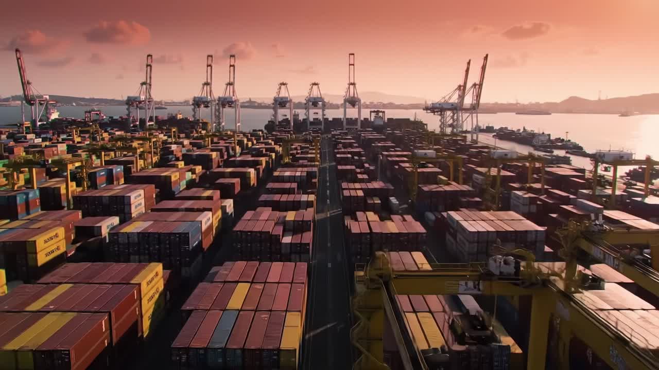 Aerial View of a Busy Shipping Port at Sunset: Containers Stacked and Cranes in Action, Showcasing the Dynamics of Maritime Logistics and Trade Operations