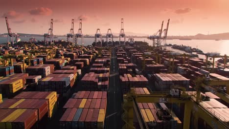 aerial view of a busy shipping port at sunset: containers stacked and cranes in action, showcasing the dynamics of maritime logistics and trade operations
