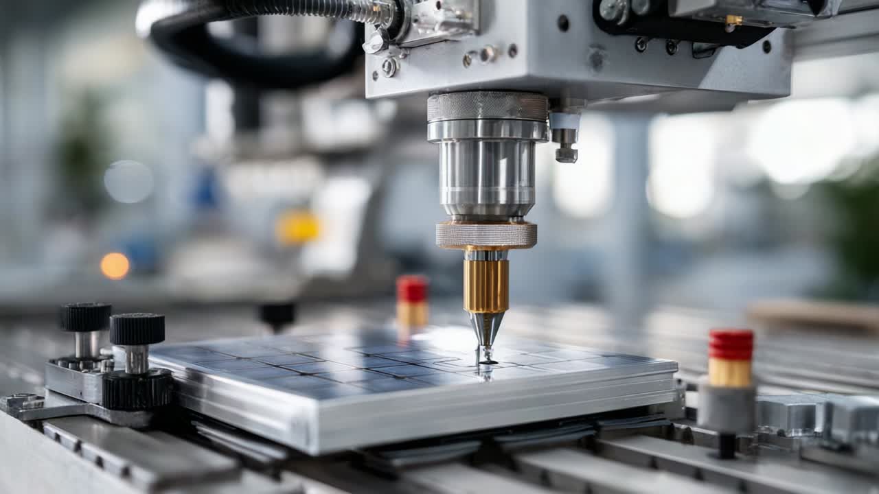 Advanced Precision Tool in Action: A Robotic Arm Employing a High-Tech Nozzle Skillfully Engages with a Smooth Metallic Surface, Displaying Intricate Manufacturing Processes and Automation Technology