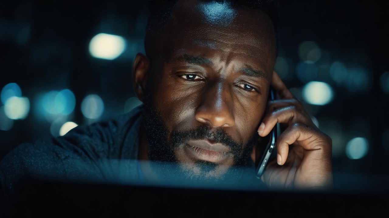 A focused individual engaged in a serious phone conversation, reflecting a mix of emotions while troubleshooting an urgent issue during a late-night work session