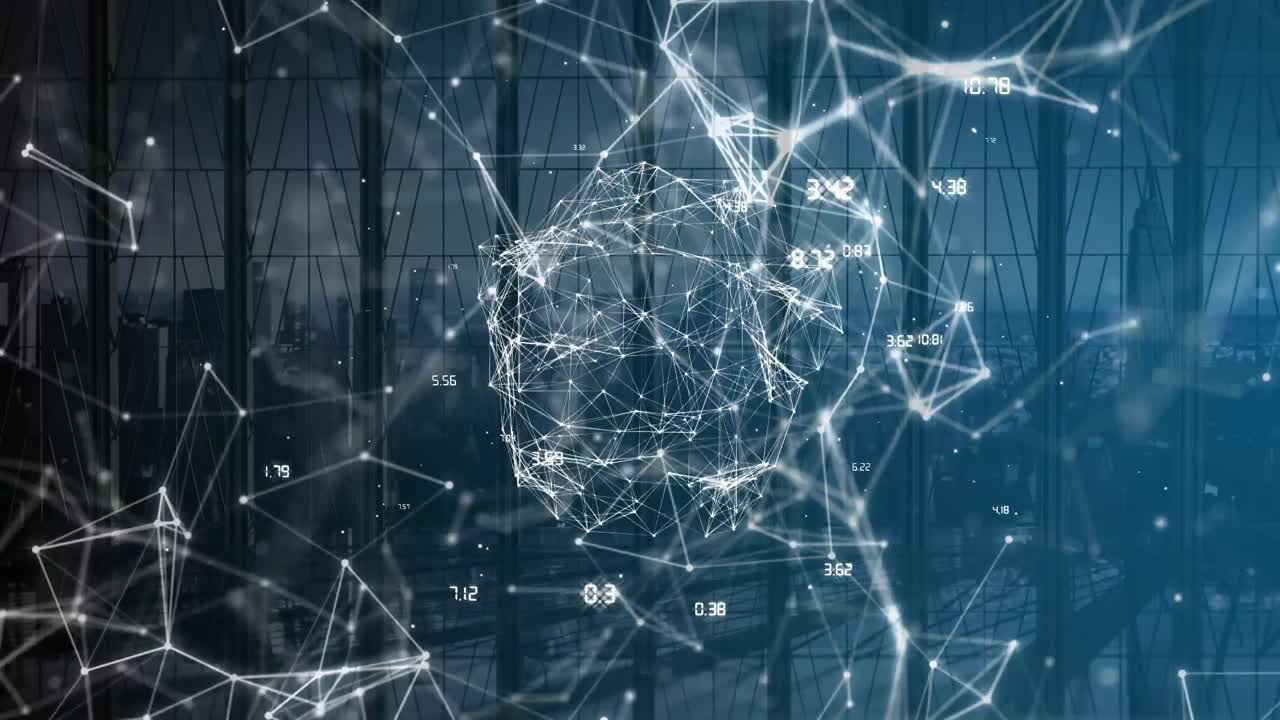 Network of connections and spinning digital globe against modern window