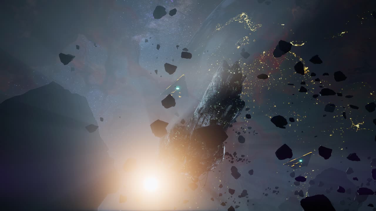 Enorme astronave tra gli asteroidi nello spazio profondo