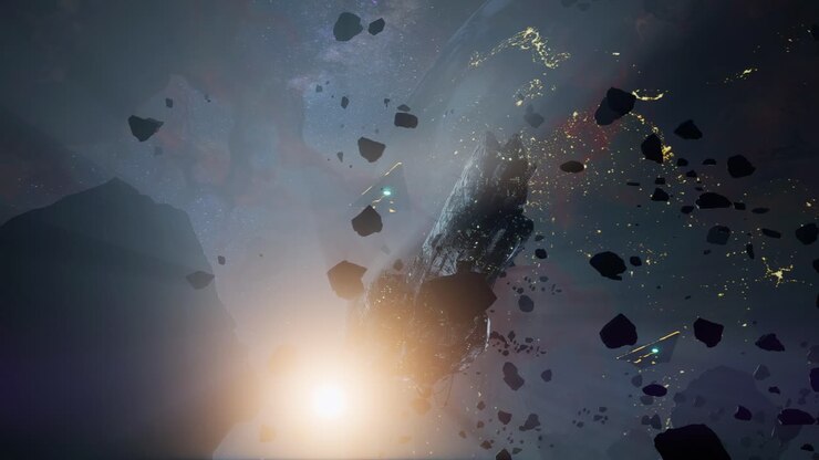 Massive Spaceship Among Asteroids In Deep Space