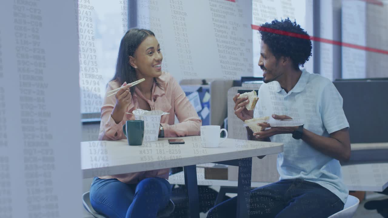 Coworkers starting lunch, eating and talking on business break, numeric overlay appearing onscreen