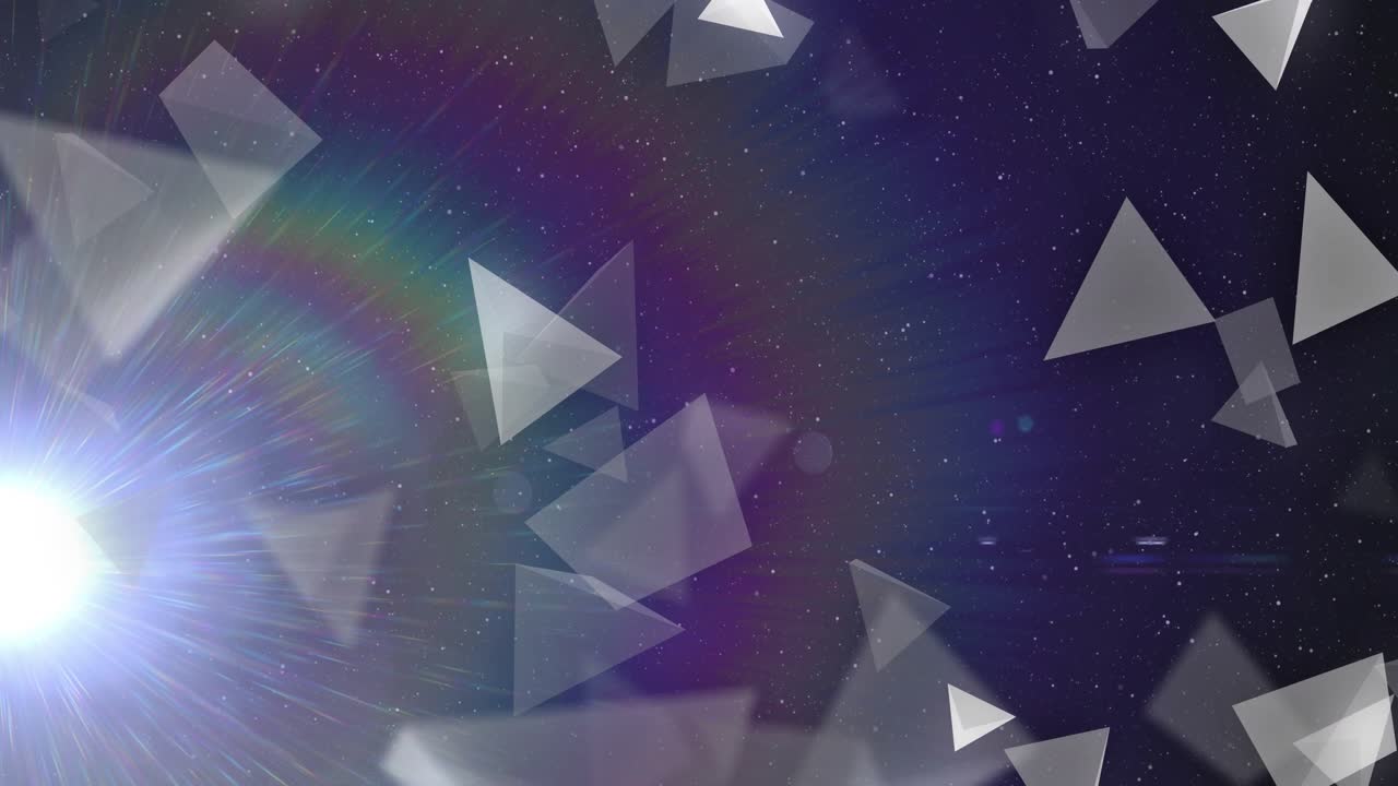 Triangular shards drifting then fanning across space, left lens flare driving parallax for tech