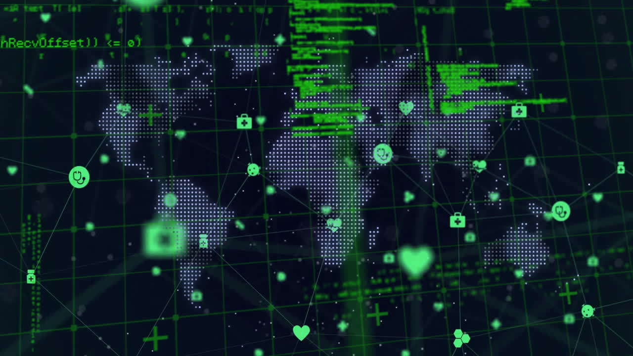 animación de la red de conexiones con iconos y procesamiento de datos