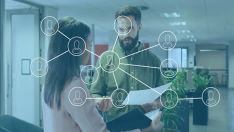 Discussing documents, business professionals with network connections animation in office