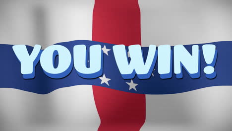 you win! text animation over waving netherlands antilles flag with red, white, and blue colors