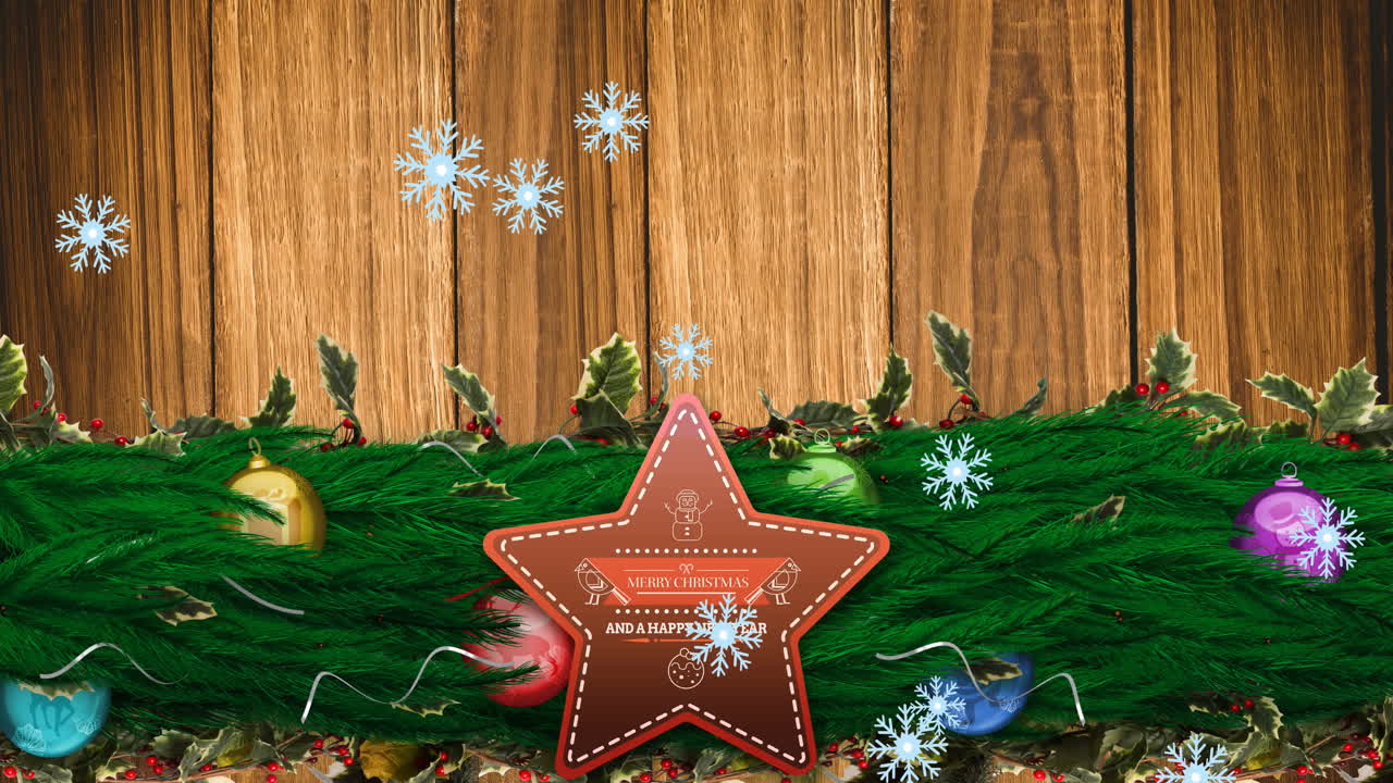 animación de felicitaciones de navidad en una etiqueta de estrellas con decoraciones en fondo de madera