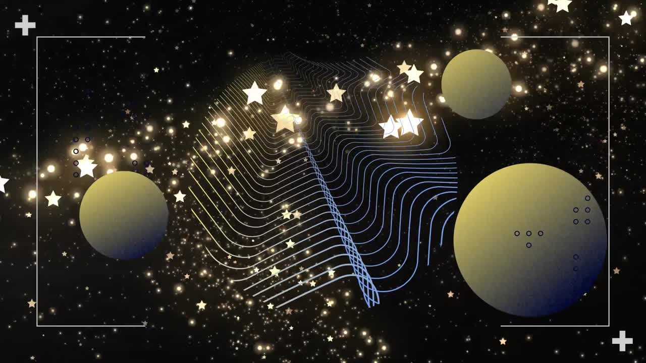 다채로운 모양의 애니메이션, 뷰파인더의 글로브, 검은 바탕에 비행 렌즈 플레어.