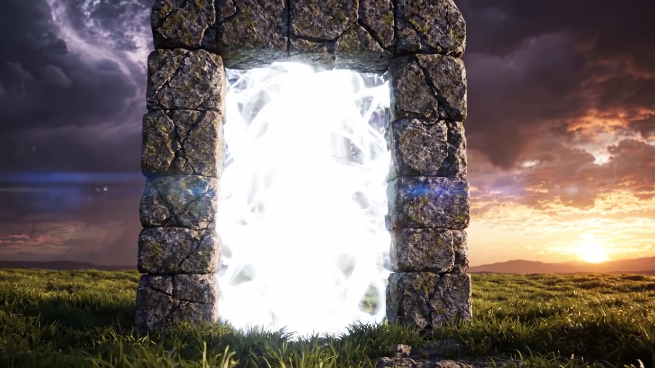 En mystisk portal: En gåtefull steininngang som gløder med eterisk lys midt i en dramatisk himmel ved solnedgang, som vekker en følelse av undring og eventyr