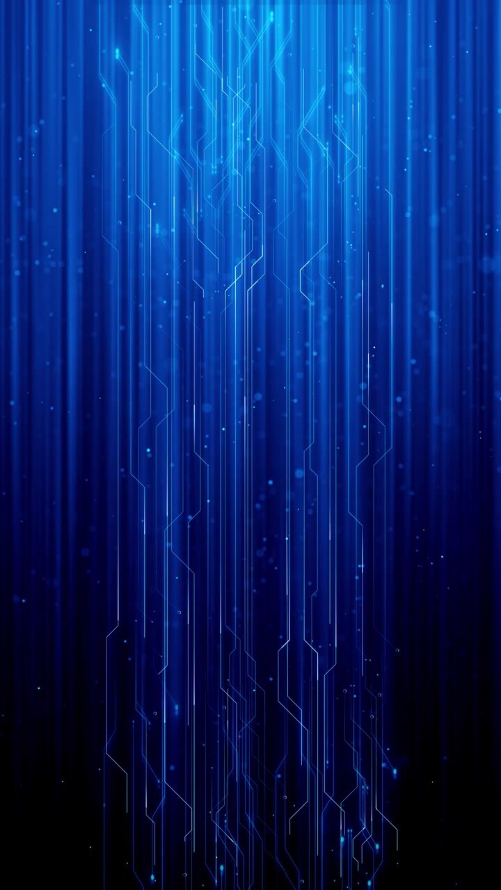 Sfondo tecnologico con linee di circuiti blu, percorsi elettronici orizzontali, nodi luminosi e sfocatura di movimento scura.