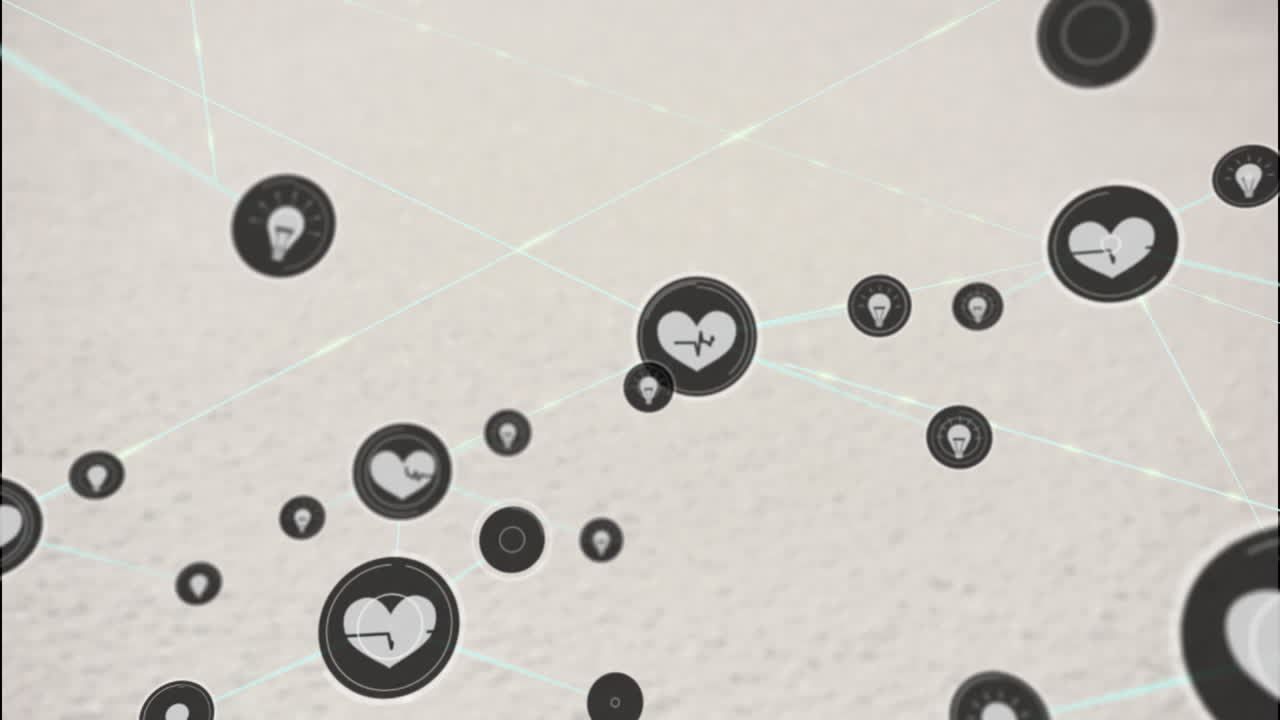 회색 표면 위에 아이콘을 가진 연결 네트워크의 애니메이션