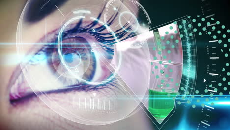 animation of digital screen over bionic eye of caucasian woman