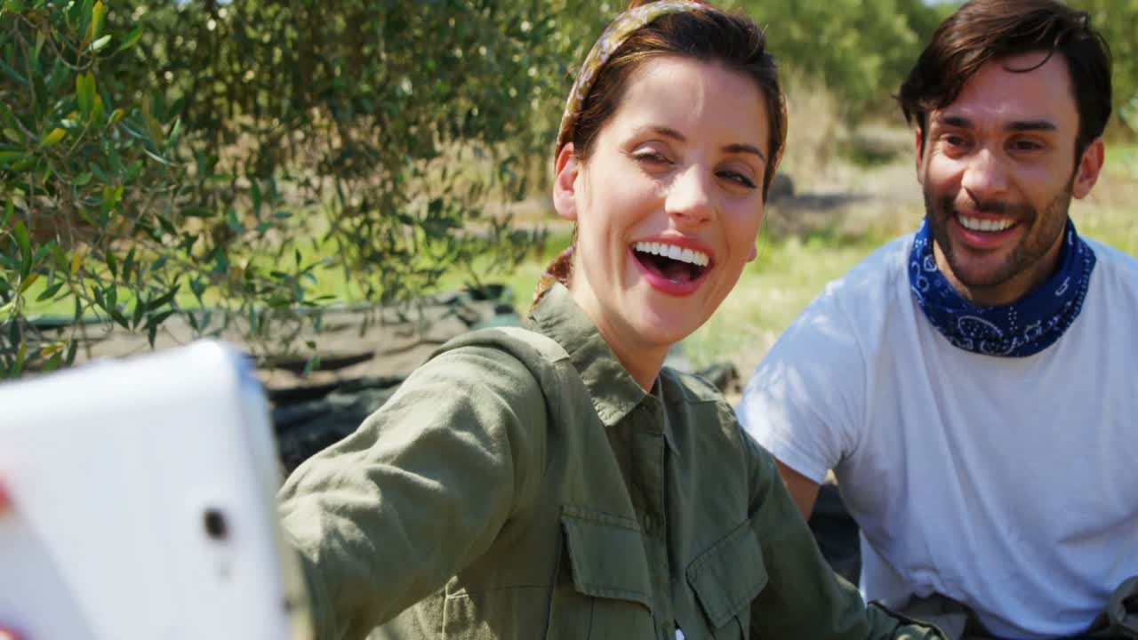pareja feliz tomando una selfie desde el móvil en una granja de olivos 4k