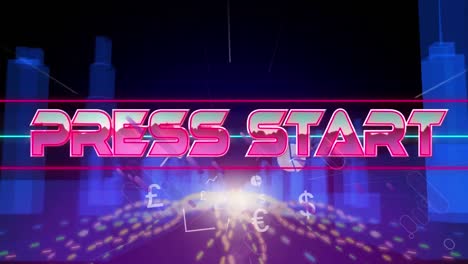 Animation-of-press-start-text-in-metallic-pink-letters-over-cityscape-and-grid