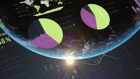 Animation-of-multicolored-infographic-interface-with-lens-flare-over-rotating-globe