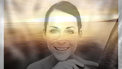 smiling woman over serene ocean at sunset, creating peaceful animation