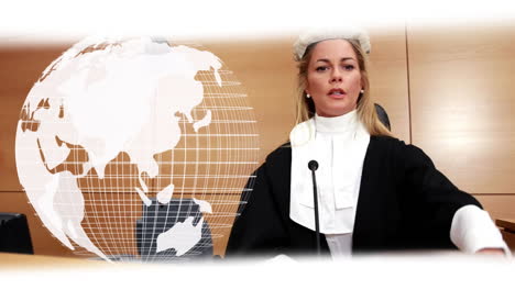 animation of spinning globe over caucasian female judge