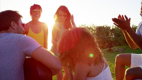hombres y mujeres multiétnicos disfrutando de una fiesta en la playa.