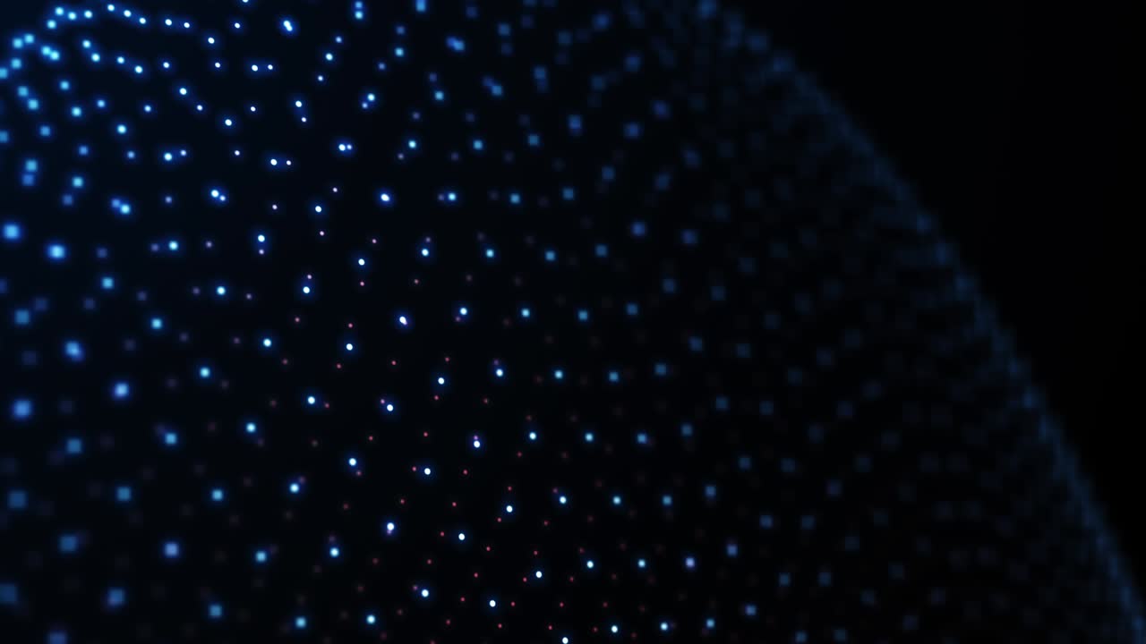 metamorfosis de una superficie amorfa a partir de partículas brillantes, ondulación esférica de la superficie, animación abstracta de la forma futura