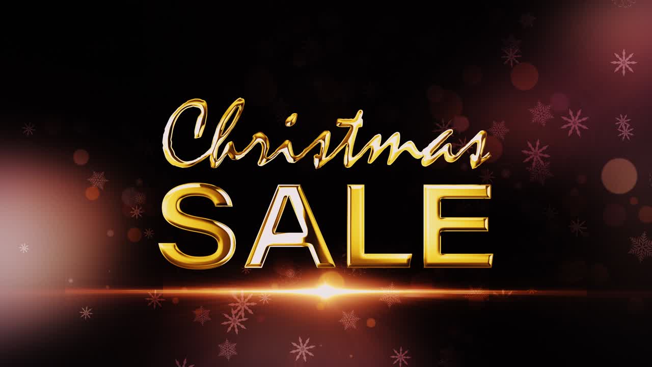4k 3d クリスマスセール アニメーション スノーフラークの粒子輝くフレイヤーライト漏れの照明クリスマスセール 金色の文字のカリグラフィー