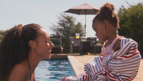 family on summer holiday with mother wrapping daughter in towel on edge of swimming pool