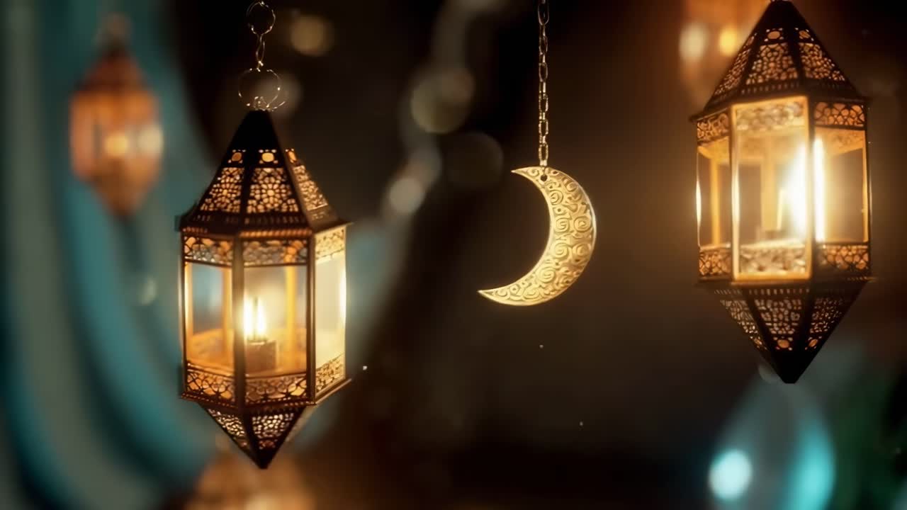 Video caldo e ravvicinato di lanterne ornate e una luna crescente, creando un'atmosfera accogliente.