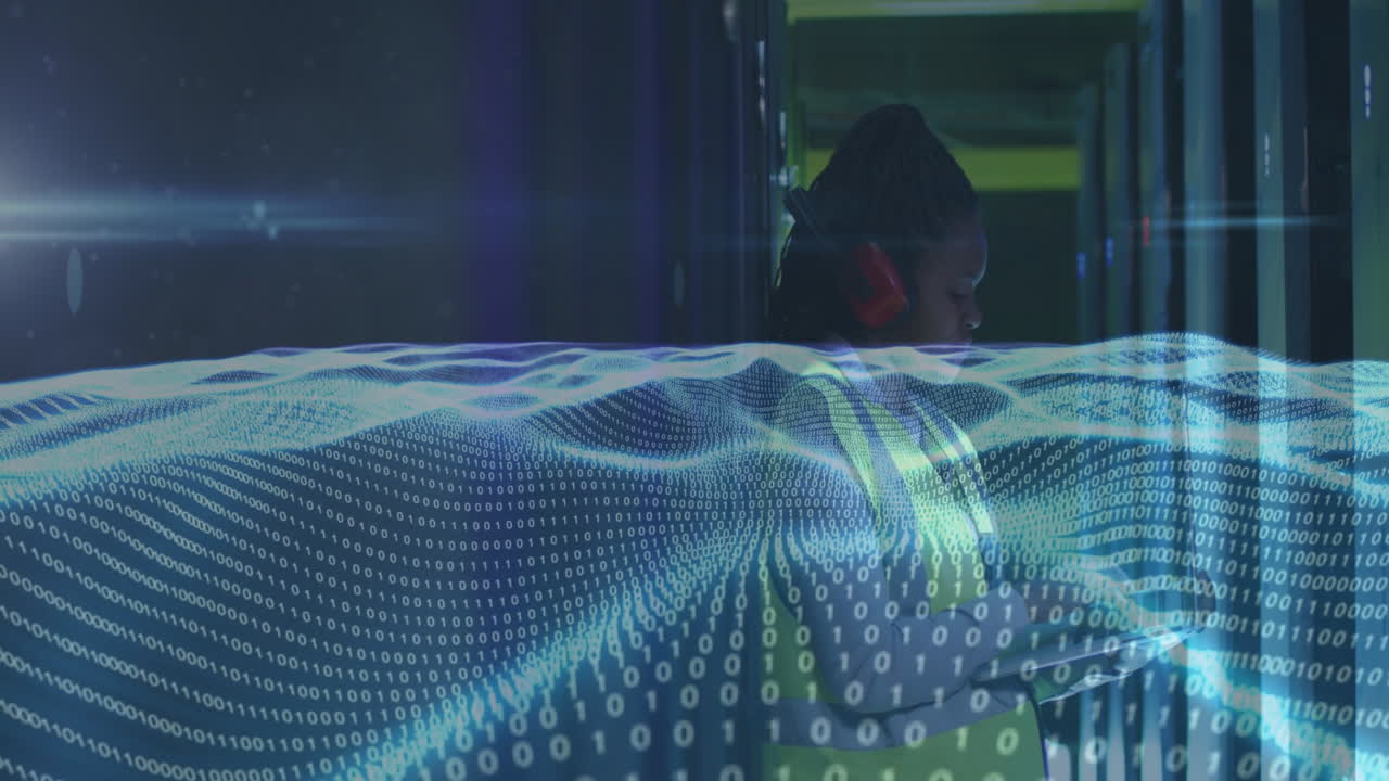 Binary code and digital wave animation over person working in data center